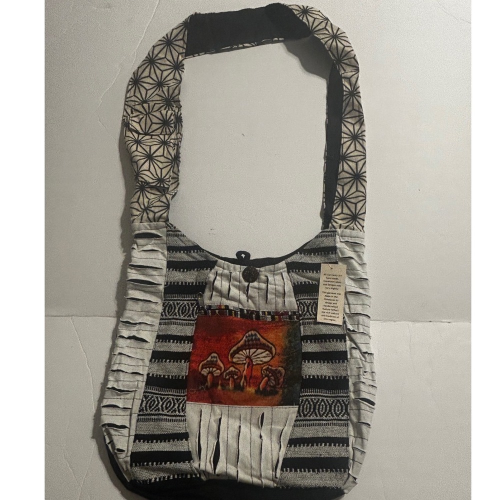Kathmandu Imports Mushroom Patch Hobo Bag Black White Cotton Nepal Crossbody